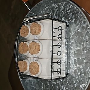 New, Rae Dunn, Set of 6  Spice Herb Jars with Metal Rack and Cork Stoppers.